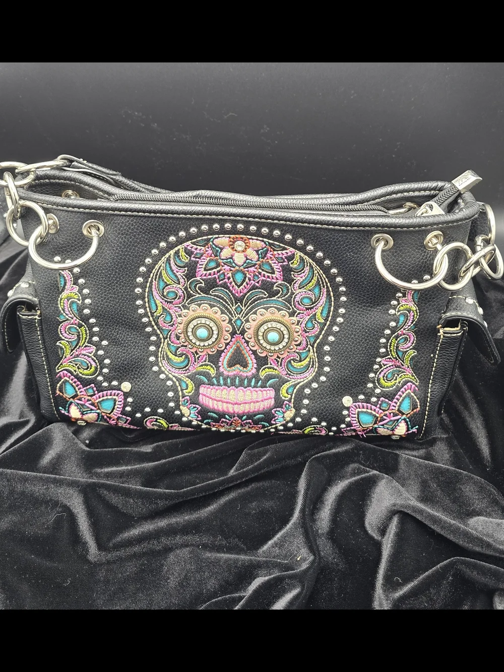 Montana West Black Embroidered Sugar Skull Shoulder Bag (Conceal Carry Bag)